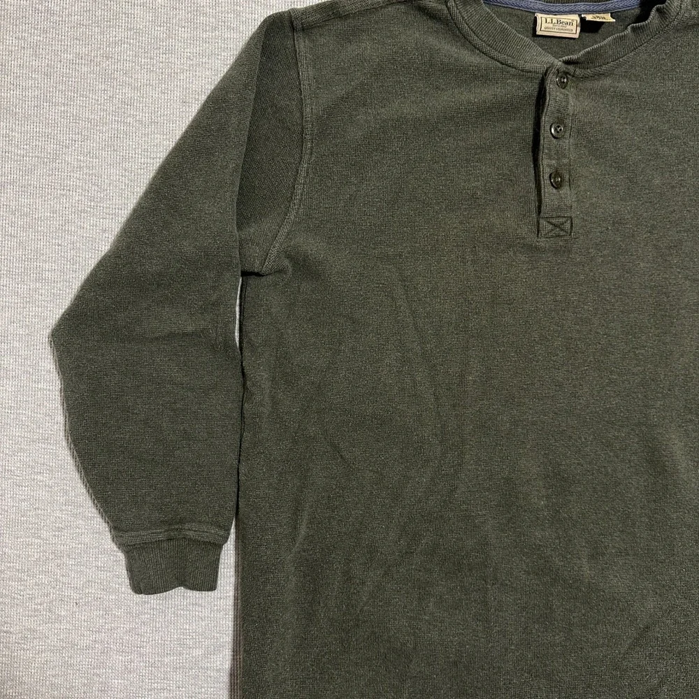 L.L Bean Henley Shirt Tall Long Sleeve Waffle Knit Olive Green Mens Large‎
